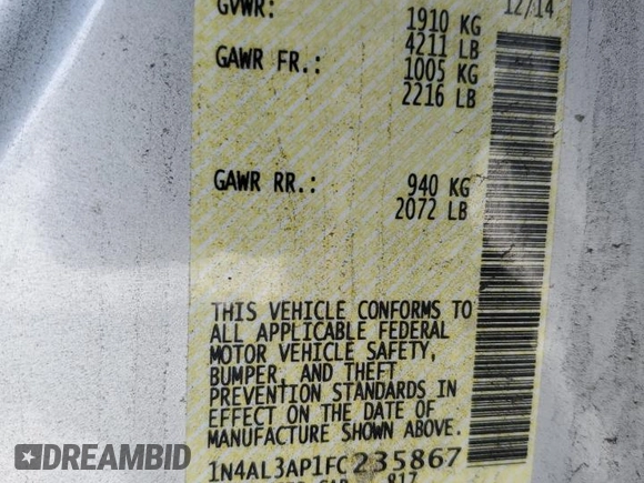2015 Nissan Altima 2.5 S with VIN 1N4AL3AP1FC235867, listed as a Copart auction lot 51726045 with 208,865 mi miles and Salvage Title. Bid and sale history available at carsss.com. Image 14.