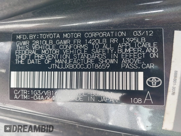 2012 Scion iQ with VIN JTNJJXB00CJ018659, listed as a IAAI auction lot 42232715 with 142,516 mi miles and . Bid and sale history available at DreamBid. Image 9.