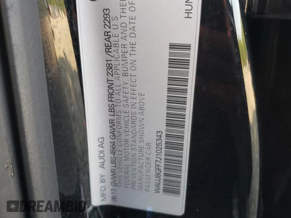 2018 Audi A3 Sedan Premium Plus with VIN WAUJ8GFF7J1025343, listed as a Copart auction lot 58823323 with 64,103 mi miles. Bid and sale history available at carsss.com. Image 14.