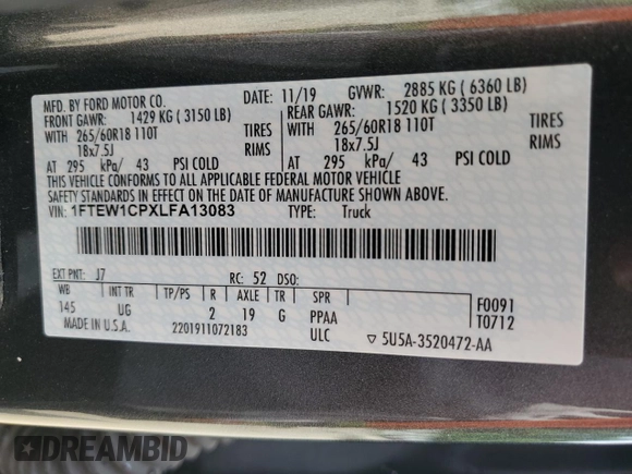 2020 Ford F-150 XL with VIN 1FTEW1CPXLFA13083, listed as a Copart auction lot 55293305 with 71,644 mi miles and Salvage title. Bid and sale history available at DreamBid. Image 12.