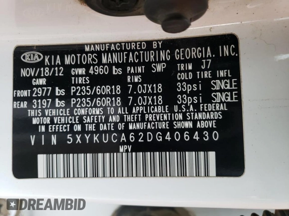 2013 Kia Sorento EX with VIN 5XYKUCA62DG406430, listed as a Copart auction lot 49768465 with 106,438 mi miles and Salvage Title. Bid and sale history available at carsss.com. Image 13.