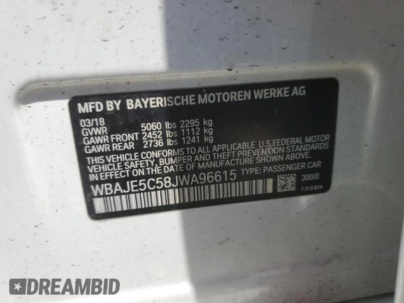 2018 BMW 5 Series 540i with VIN WBAJE5C58JWA96615, listed as a Copart auction lot 56117205 with 87,211 mi miles and Salvage title. Bid and sale history available at DreamBid. Image 12.