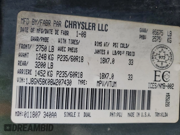 2008 Jeep Liberty Limited with VIN 1J8GN58K08W207430, listed as a Copart auction lot 53733945 with 264,595 mi miles and Clean Title. Bid and sale history available at DreamBid. Image 12.