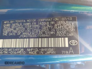 2013 Toyota Prius One with VIN JTDKDTB34D1548461, listed as a IAAI auction lot 42175935 with 197,175 mi miles and . Bid and sale history available at DreamBid. Image 9.