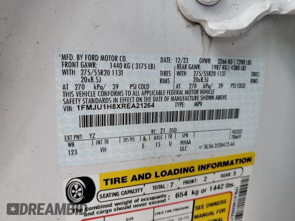 2024 Ford Expedition XLT с VIN 1FMJU1H8XREA21264, выставлен на аукционе Copart как лот 52568695 с пробегом Не указан миль и Списание • Salvage title. История ставок и продаж доступна на DreamBid. Изображение 12.
