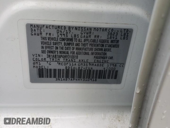 2017 Nissan Sentra S with VIN 3N1AB7AP4HY310918, listed as a Copart auction lot 56712545 with 142,360 mi miles and Salvage title. Bid and sale history available at DreamBid. Image 12.