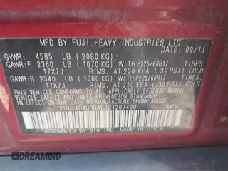 2012 Subaru Outback 2.5i with VIN 4S4BRBAC8C1207409, listed as a IAAI auction lot 42654740 with 192,752 mi miles and . Bid and sale history available at DreamBid. Image 9.