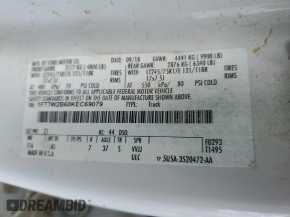 2019 Ford F-250 XL with VIN 1FT7W2B60KEC69079, listed as a Copart auction lot 57605395 with 142,011 mi miles and Clean title. Bid and sale history available at DreamBid. Image 12.