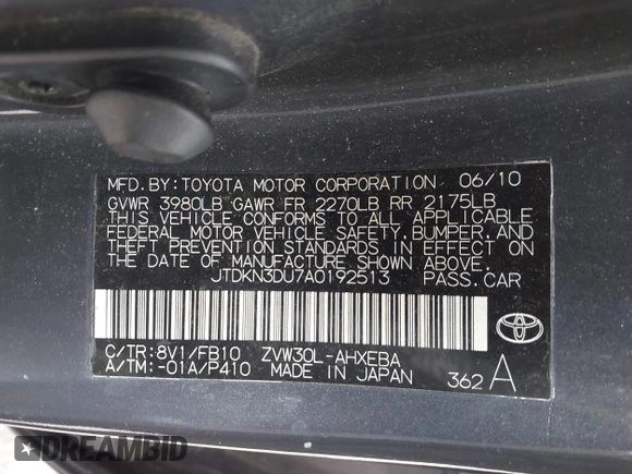 2010 Toyota Prius II with VIN JTDKN3DU7A0192513, listed as a IAAI auction lot 41842170 with 183,211 mi miles. Bid and sale history available at carsss.com. Image 9.