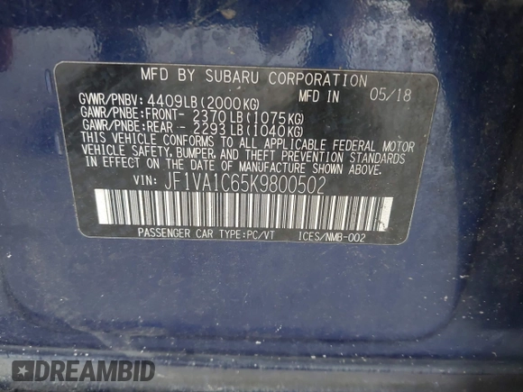 2019 Subaru WRX Premium с VIN JF1VA1C65K9800502, выставлен на аукционе IAAI как лот 42359036 с пробегом 115 232 миль миль и . История ставок и продаж доступна на DreamBid. Изображение 9.