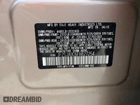 2015 Subaru Forester Touring with VIN JF2SJAUC6FH827254, listed as a Copart auction lot 53265125 with 110,741 mi miles and Salvage title. Bid and sale history available at DreamBid. Image 14.