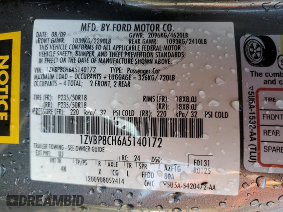 2010 Ford Mustang GT with VIN 1ZVBP8CH6A5140172, listed as a Copart auction lot 52703755 with Not provided miles and Salvage title. Bid and sale history available at DreamBid. Image 12.