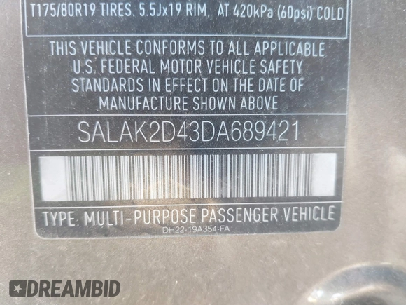 2013 Land Rover LR4 Lux with VIN SALAK2D43DA689421, listed as a IAAI auction lot 41458881 with 175,800 mi miles and . Bid and sale history available at DreamBid. Image 9.