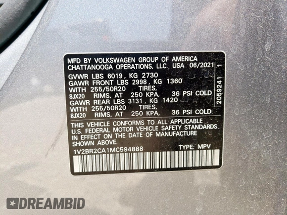 2021 Volkswagen Atlas SEL with VIN 1V2BR2CA1MC594888, listed as a Copart auction lot 57557435 with 38,124 mi miles and Clean title. Bid and sale history available at DreamBid. Image 13.