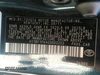2012 Toyota Camry L with VIN 4T1BF1FK4CU002252, listed as a IAAI auction lot 42201973 with 261,460 mi miles. Bid and sale history available at carsss.com. Image 9.