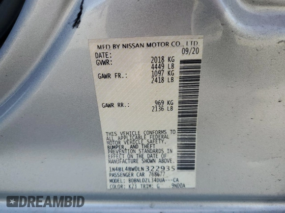2020 Nissan Altima S with VIN 1N4BL4BW0LN322935, listed as a Copart auction lot 50642465 with 45,527 mi miles and Salvage Title. Bid and sale history available at DreamBid. Image 13.