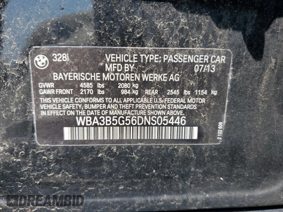 2013 BMW 3 Series 328i xDrive with VIN WBA3B5G56DNS05446, listed as a Copart auction lot 61979475 with 102,674 mi miles and Salvage title. Bid and sale history available at DreamBid. Image 12.