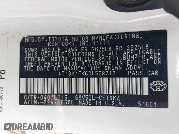 2012 Toyota Camry SE with VIN 4T1BK1FK6CU508242, listed as a IAAI auction lot 41870589 with 270,724 mi miles. Bid and sale history available at carsss.com. Image 9.