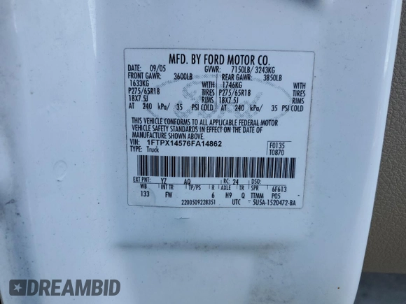 2006 Ford F-150 XLT with VIN 1FTPX14576FA14862, listed as a Copart auction lot 81292534 with 0 mi miles and Salvage Title. Bid and sale history available at carsss.com. Image 13.