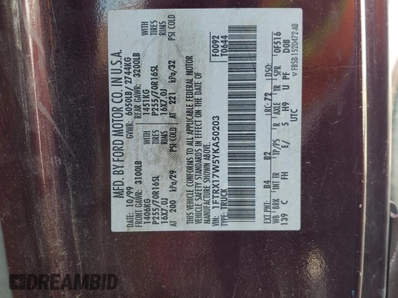 2000 Ford F-150 with VIN 1FTRX17W5YKA50203, listed as a Copart auction lot 54734615 with Not Provided miles and Salvage Title. Bid and sale history available at DreamBid. Image 12.