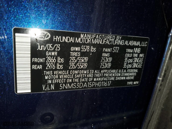2023 Hyundai Santa Fe Hybrid SEL Premium with VIN 5NMS3DA15PH011617, listed as a Copart auction lot 52134155 with 12,912 mi miles and Salvage Title. Bid and sale history available at carsss.com. Image 14.