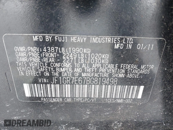 2011 Subaru WRX WRX Limited with VIN JF1GR7E67BG819498, listed as a IAAI auction lot 41631057 with 130,285 mi miles and . Bid and sale history available at DreamBid. Image 9.