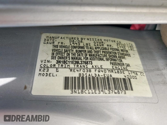 2009 Nissan Versa S with VIN 3N1BC11E39L376873, listed as a Copart auction lot 60299465 with 134,769 mi miles and Salvage title. Bid and sale history available at DreamBid. Image 12.