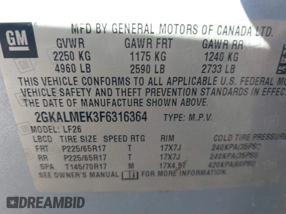 2015 GMC Terrain SLE z VIN 2GKALMEK3F6316364, wystawiony jako IAAI lot #41668525 z przebiegiem 180 472 mil mil oraz . Historia ofert i sprzedaży dostępna na DreamBid. Obrazek 9.