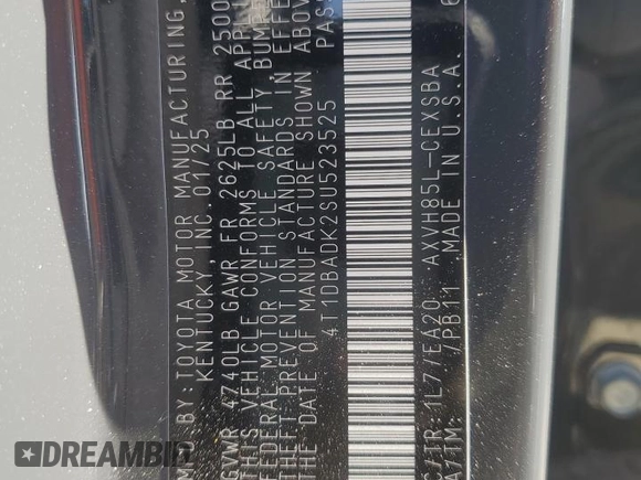 2025 Toyota Camry LE z VIN 4T1DBADK2SU523525, wystawiony jako Copart lot #55138715 z przebiegiem 3 270 mil mil oraz Szkoda całkowita • Salvage title. Historia ofert i sprzedaży dostępna na DreamBid. Obrazek 13.