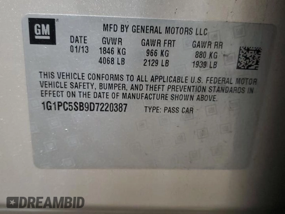 2013 Chevrolet Cruze 1LT with VIN 1G1PC5SB9D7220387, listed as a Copart auction lot 55957345 with 258,513 mi miles and Clean Title. Bid and sale history available at DreamBid. Image 12.