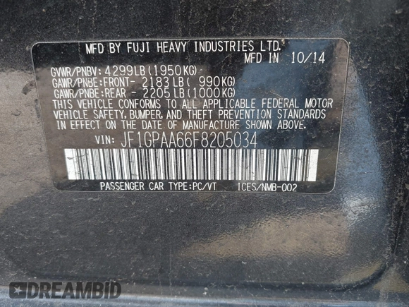 2015 Subaru Impreza 2.0i с VIN JF1GPAA66F8205034, выставлен на аукционе IAAI как лот 41893344 с пробегом 169 467 миль миль и . История ставок и продаж доступна на DreamBid. Изображение 9.