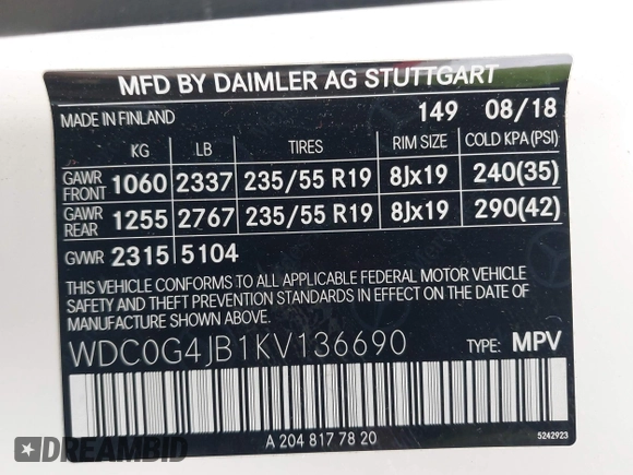 2019 Mercedes-Benz GLC 300 with VIN WDC0G4JB1KV136690, listed as a IAAI auction lot 42121407 with 42,542 mi miles and . Bid and sale history available at DreamBid. Image 9.