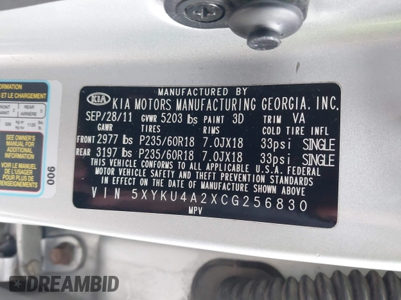 2012 Kia Sorento EX with VIN 5XYKU4A2XCG256830, listed as a IAAI auction lot 42031102 with 200,957 mi miles. Bid and sale history available at carsss.com. Image 9.