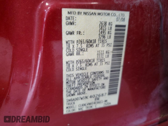 2009 Nissan Frontier LE с VIN 1N6AD07W59C402687, выставлен на аукционе Copart как лот 62282705 с пробегом 129 435 миль миль и Чистый • Clean title. История ставок и продаж доступна на DreamBid. Изображение 12.
