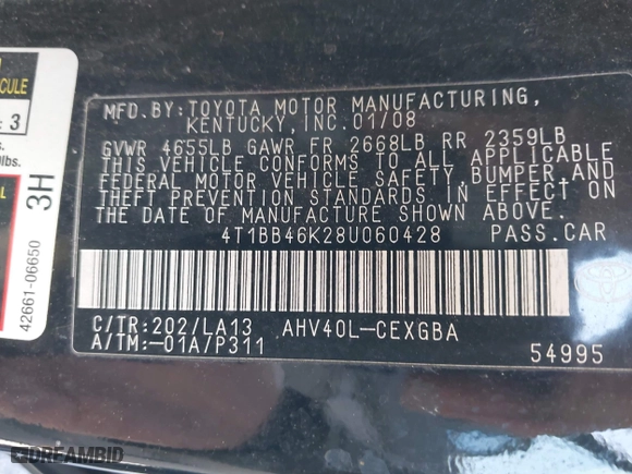 2008 Toyota Camry Hybrid with VIN 4T1BB46K28U060428, listed as a IAAI auction lot 41952234 with 212,139 mi miles. Bid and sale history available at carsss.com. Image 9.
