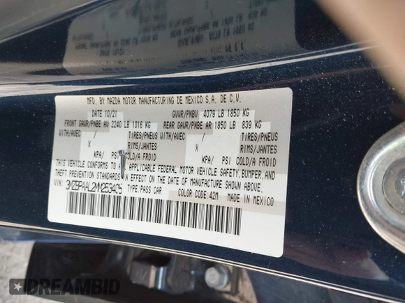 2021 Mazda 3 S with VIN 3MZBPAAL2MM253405, listed as a IAAI auction lot 41836752 with 63 mi miles and . Bid and sale history available at DreamBid. Image 9.