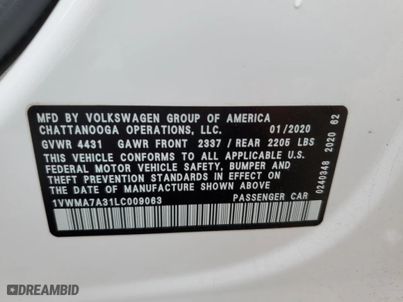 2020 Volkswagen Passat 2.0T R-Line with VIN 1VWMA7A31LC009063, listed as a Copart auction lot 72669402 with 52,818 mi miles. Bid and sale history available at carsss.com. Image 13.
