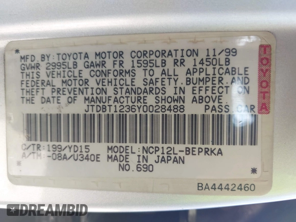 2000 Toyota ECHO with VIN JTDBT1236Y0028488, listed as a IAAI auction lot 42228033 with 246,702 mi miles and . Bid and sale history available at DreamBid. Image 9.