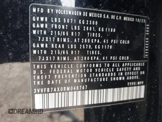 2024 Volkswagen Tiguan S с VIN 3VVFB7AX0RM048747, выставлен на аукционе IAAI как лот 42392509 с пробегом 9 130 миль миль и . История ставок и продаж доступна на DreamBid. Изображение 9.
