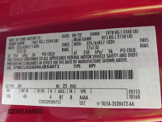 2022 Ford Escape SE with VIN 1FMCU0G69NUB54973, listed as a IAAI auction lot 42476092 with 42,838 mi miles and . Bid and sale history available at DreamBid. Image 9.