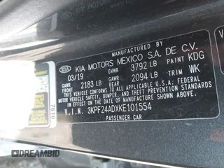 2019 Kia Forte LXS with VIN 3KPF24ADXKE101554, listed as a IAAI auction lot 41909367 with 74,224 mi miles and . Bid and sale history available at carsss.com. Image 9.