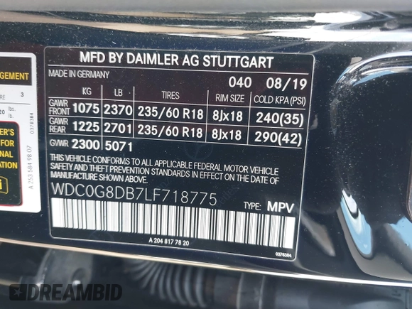 2020 Mercedes-Benz GLC 300 with VIN WDC0G8DB7LF718775, listed as a IAAI auction lot 41807370 with 59,120 mi miles and . Bid and sale history available at DreamBid. Image 9.