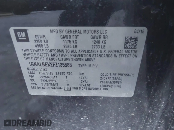 2015 Chevrolet Equinox LT with VIN 1GNALBEK2FZ135588, listed as a IAAI auction lot 41883968 with 167,023 mi miles. Bid and sale history available at carsss.com. Image 9.