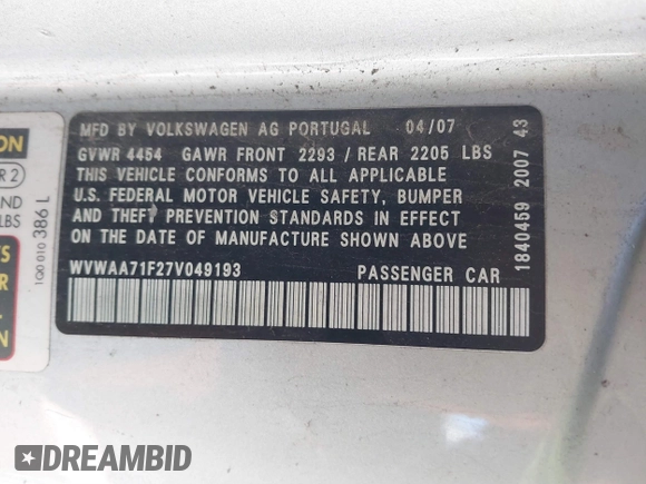 2007 Volkswagen Eos with VIN WVWAA71F27V049193, listed as a IAAI auction lot 41449556 with 144,680 mi miles and . Bid and sale history available at DreamBid. Image 9.