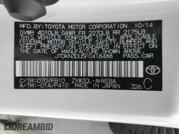 2015 Toyota Prius Four with VIN JTDKN3DU5F0418488, listed as a Copart auction lot 51383635 with 96,025 mi miles and Salvage Title. Bid and sale history available at DreamBid. Image 15.