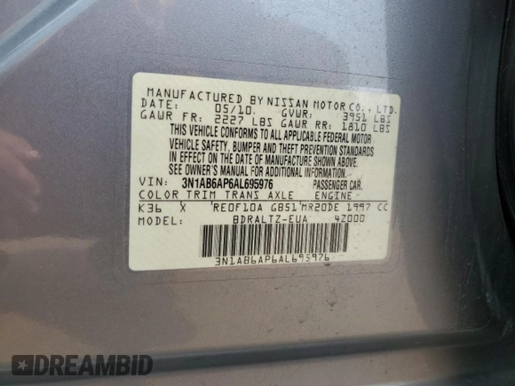 2010 Nissan Sentra S z VIN 3N1AB6AP6AL695976, wystawiony jako Copart lot #59365795 z przebiegiem 144 213 mil mil oraz Szkoda całkowita • Salvage title. Historia ofert i sprzedaży dostępna na DreamBid. Obrazek 12.