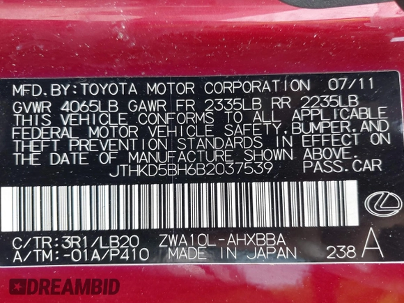 2011 Lexus CT 200h with VIN JTHKD5BH6B2037539, listed as a IAAI auction lot 42127056 with 191,007 mi miles and . Bid and sale history available at carsss.com. Image 9.