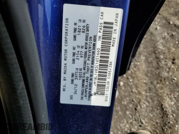 2012 Mazda 3 i Touring with VIN JM1BL1V83C1651660, listed as a Copart auction lot 55129155 with 112,782 mi miles and Salvage Title. Bid and sale history available at DreamBid. Image 12.