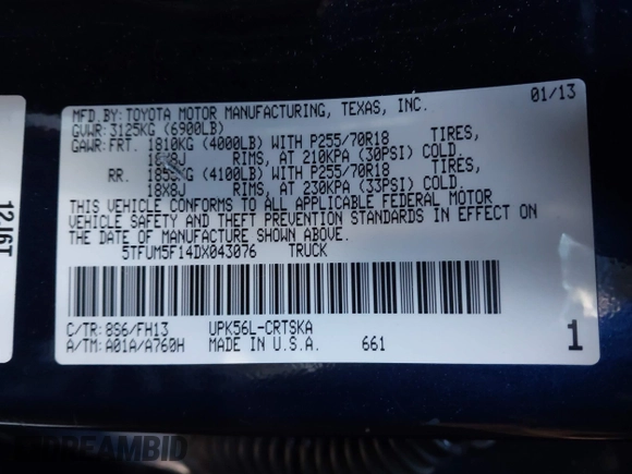 2013 Toyota Tundra z VIN 5TFUM5F14DX043076, wystawiony jako IAAI lot #41633905 z przebiegiem 157 850 mil mil oraz . Historia ofert i sprzedaży dostępna na DreamBid. Obrazek 9.