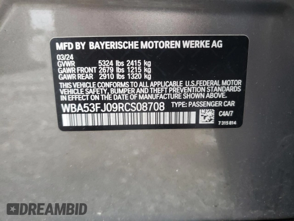 2024 BMW 5 Series 530i xDrive z VIN WBA53FJ09RCS08708, wystawiony jako Copart lot #58371385 z przebiegiem 23 265 mil mil oraz Szkoda całkowita • Salvage title. Historia ofert i sprzedaży dostępna na DreamBid. Obrazek 12.